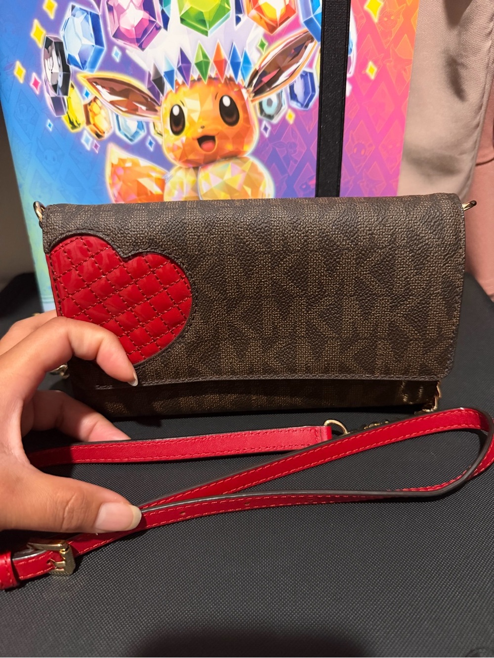 Brown Crossbody Wallet with Red Heart Accent